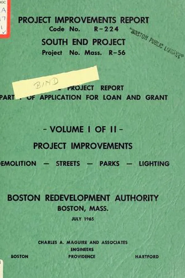 Capa de Project improvements report, code no. R-224, south end project, project no. Mass. R-56: final project report, part 1 of application for loan and grant