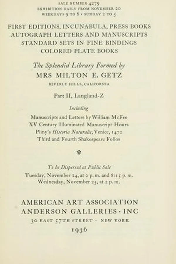 Capa de First editions, incunabula, press books, autograph letters and manuscripts, standard sets in fine bindings, colored plate books; the splendid library formed by Mrs. Milton E. Getz, Beverly Hills, California.