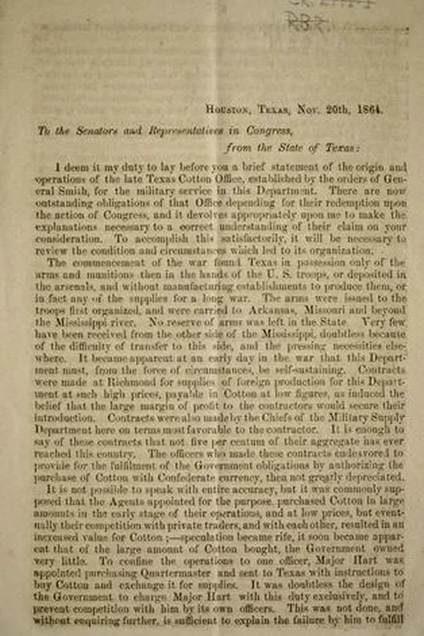 Capa de To the senators and representatives in Congress, from the state of Texas