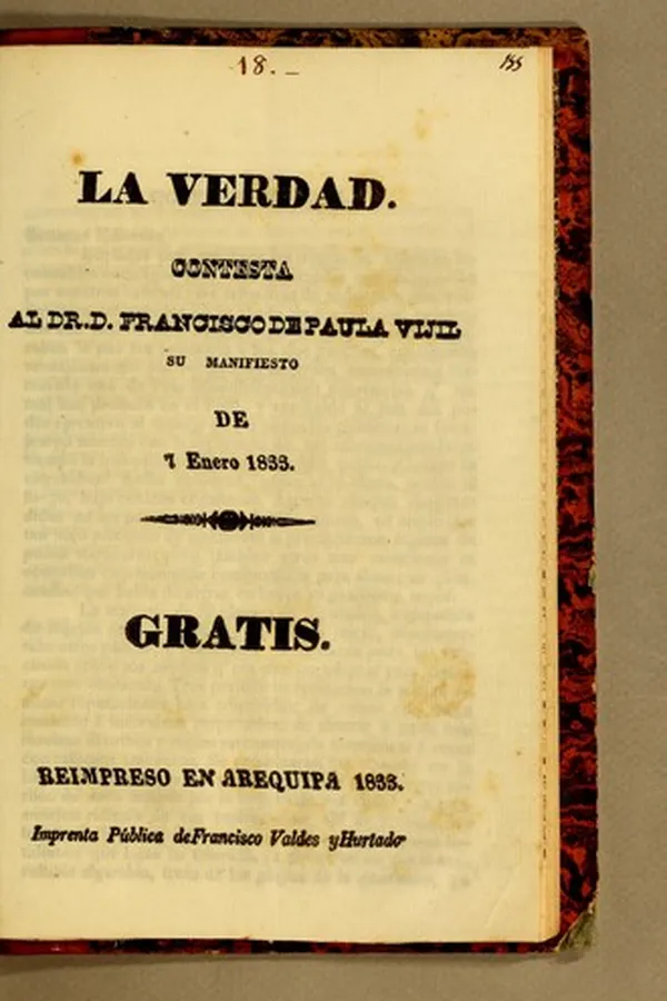 Capa de La Verdad. Contesta al Dr. D. Francisco de Paula Vijil su manifiesto de 7 enero 1833