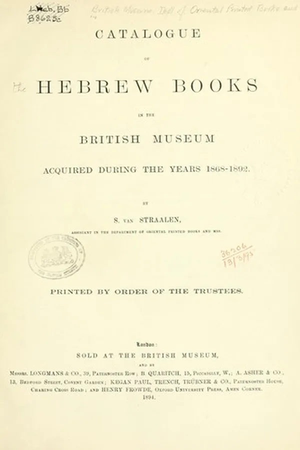 Capa de Catalogue of the Hebrew books in the library of the British Museum