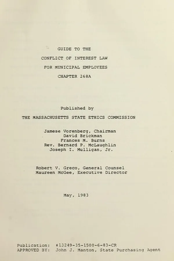 Capa de Guide to the conflict of interest law for municipal employees, chapter 268A