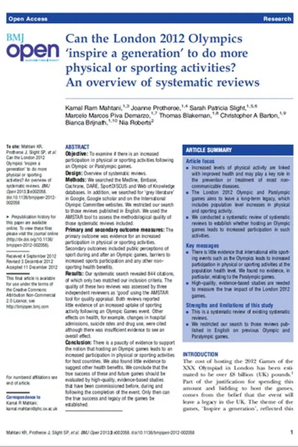 Capa de Can the London 2012 Olympics ‘inspire a generation’ to do more physical or sporting activities? An overview of systematic reviews