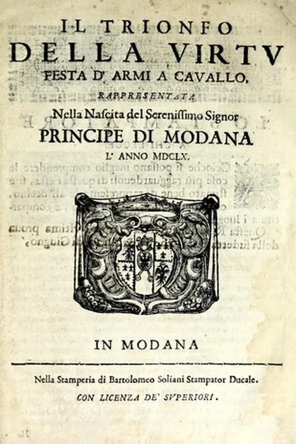 Capa de Il trionfo della virtv festa d'armi a cavallo, rappresentata nella nascita del serenissimo signor principe di Modana l'anno MDCLX