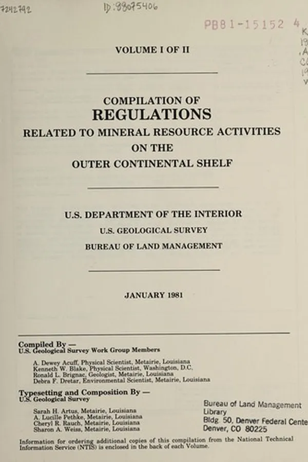 Capa de Compilation of regulations related to mineral resource activities on the Outer Continental Shelf