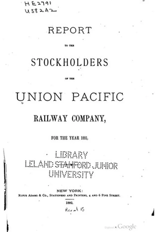Capa de Annual Report of the Directors of the Union Pacific Railway Company to the ...
