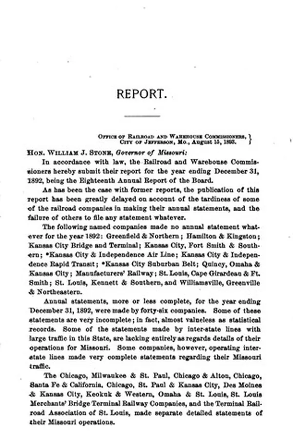 Capa de Annual Report of the Railroad and Warehouse Commissioners of the State of Missouri, for the Year ...