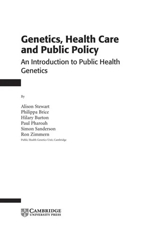 Capa de GENETICS, HEALTH CARE AND PUBLIC POLICY: AN INTRODUCTION TO PUBLIC HEALTH GENETICS; ALISON STEWART...ET AL