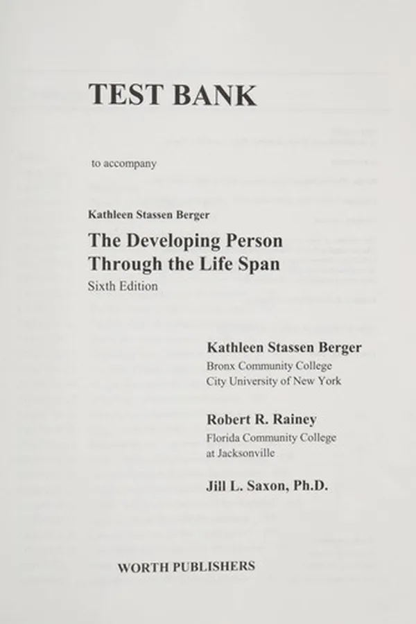 Capa de Test bank to accompany Kathleen Stassen Berger, the developing person through the life span, sixth edition