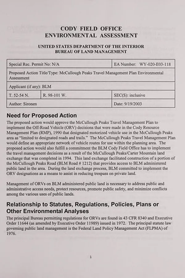 Capa de Environmental assessment for the McCullough Peaks travel management plan and off-road vehicle (ORV) route designations