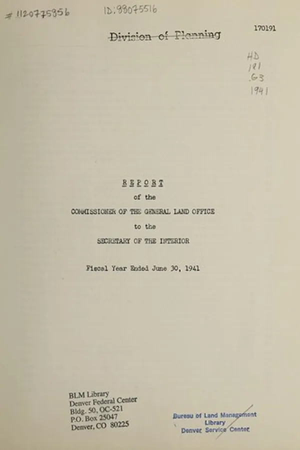 Capa de Report of the Commissioner of the General Land Office to the Secretary of the Interior, fiscal year ended June 30, 1941