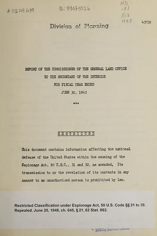 Capa de Report of the Commissioner of the General Land Office to the Secretary of the Interior for fiscal year ended June 30, 1943