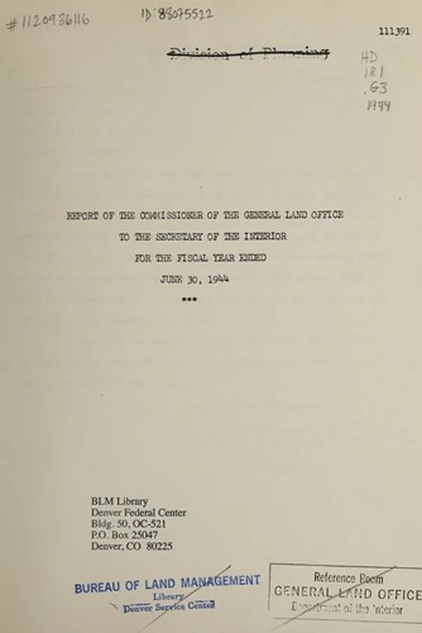 Capa de Report of the Commissioner of the General Land Office to the Secretary of the Interior for the fiscal year ended June 30, 1944