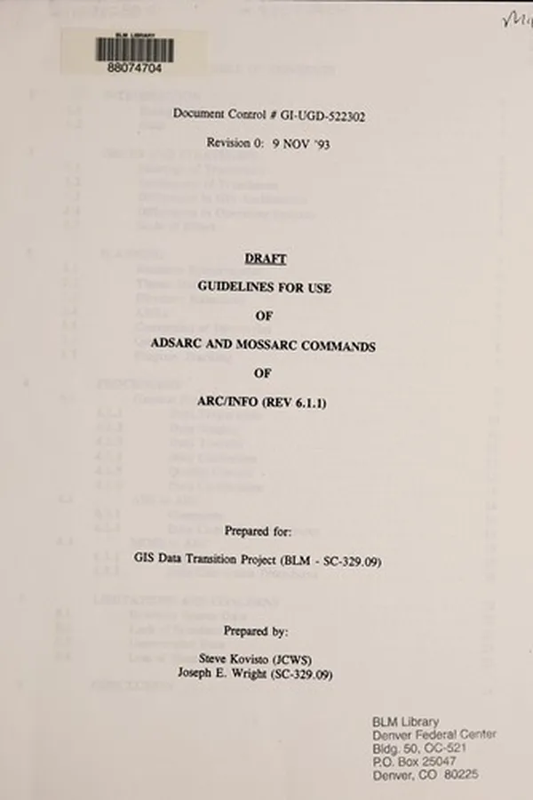 Capa de Draft guidelines for use of ADSARC and MOSSARC commands of ARC/INFO (Rev 6.1.1)