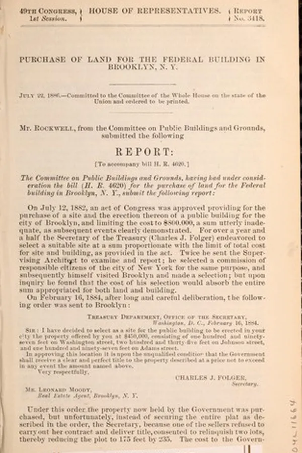 Capa de Purchase of land for the Federal Building in Brooklyn, N.Y.