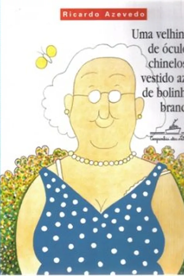 Capa de Uma velhinha de óculos, chinelos e vestido azul de bolinhas brancas